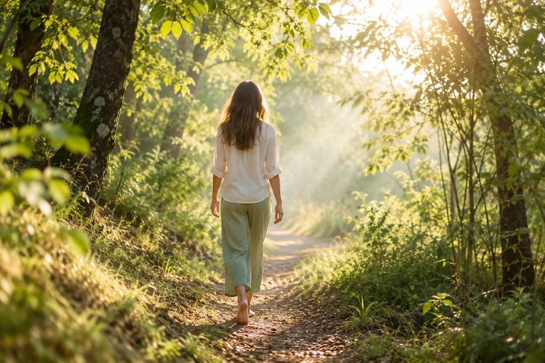 mujer descalza caminando por un sendero, representa paz y disfrute