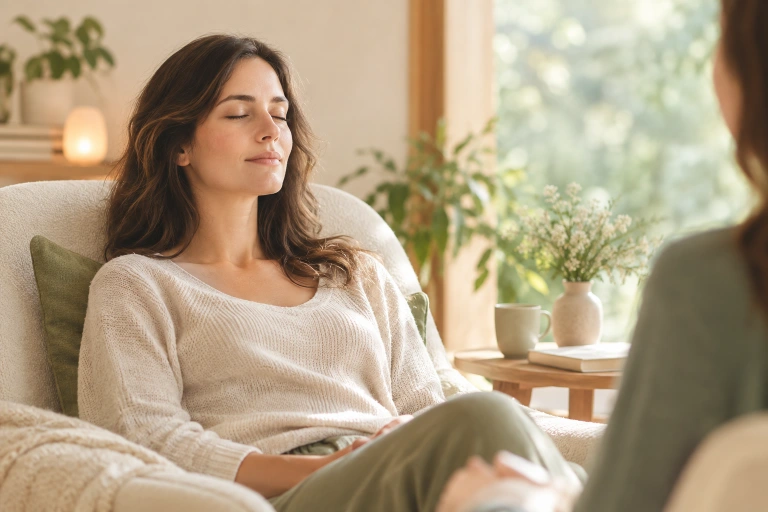 persona recostada en un sillón, con ojos cerrados y semblante sereno.